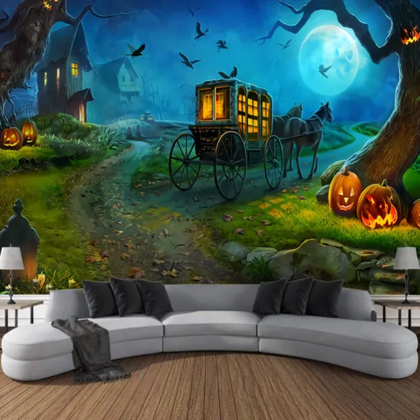 Halloween Decorations Tapestry Jack O Lantern Pumpkin Decor Wall Art Large Hanging Tapestry Mural Decor Photograph Backdrop Blanket Curtain Home Bedroom Living Room Bat Haunted House Graveyard