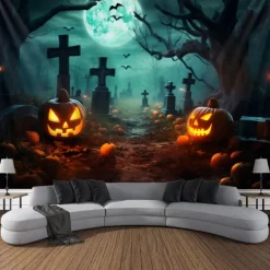 Halloween Decorations Tapestry Jack O Lantern Pumpkin Decor Wall Art Large Hanging Tapestry Mural Decor Photograph Backdrop Blanket Curtain Home Bedroom Living Room Bat Haunted House Graveyard