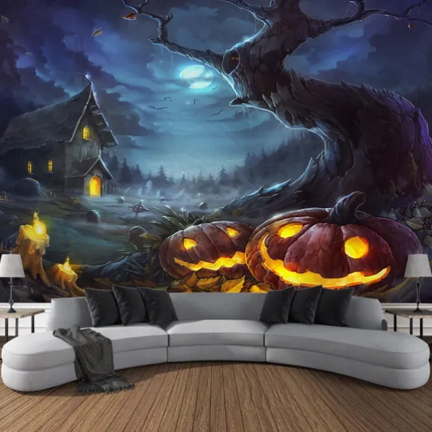 Halloween Decorations Tapestry Jack O Lantern Pumpkin Decor Wall Art Large Hanging Tapestry Mural Decor Photograph Backdrop Blanket Curtain Home Bedroom Living Room Bat Haunted House Graveyard