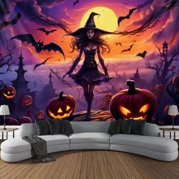 Halloween Decorations Witch Blacklight Tapestry UV Reactive Glow in the Dark Misty Hanging Tapestry Wall Art Mural for Living Room Bedroom Bats Skeleton Pumpkin