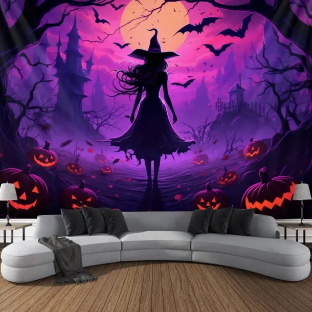 Halloween Decorations Witch Blacklight Tapestry UV Reactive Glow in the Dark Misty Hanging Tapestry Wall Art Mural for Living Room Bedroom Bats Skeleton Pumpkin