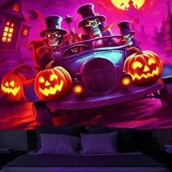 Halloween Decorations Witch Blacklight Tapestry UV Reactive Glow in the Dark Misty Hanging Tapestry Wall Art Mural for Living Room Bedroom Bats Skeleton Pumpkin