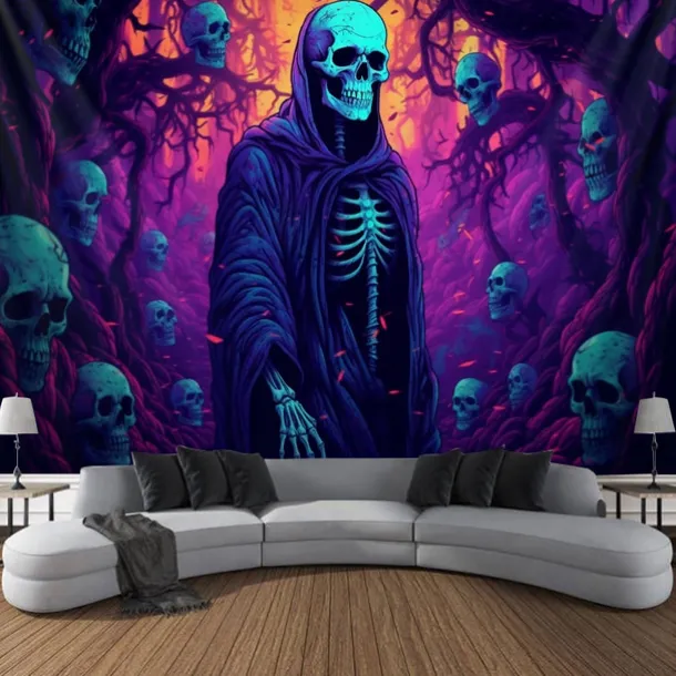 Halloween Decorations Witch Blacklight Tapestry UV Reactive Glow in the Dark Misty Hanging Tapestry Wall Art Mural for Living Room Bedroom Bats Skeleton Pumpkin