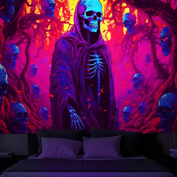 Halloween Decorations Witch Blacklight Tapestry UV Reactive Glow in the Dark Misty Hanging Tapestry Wall Art Mural for Living Room Bedroom Bats Skeleton Pumpkin