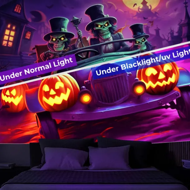 Halloween Decorations Witch Blacklight Tapestry UV Reactive Glow in the Dark Misty Hanging Tapestry Wall Art Mural for Living Room Bedroom Bats Skeleton Pumpkin