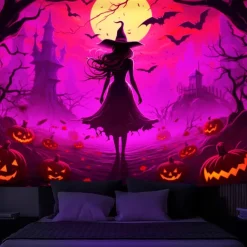 Halloween Decorations Witch Blacklight Tapestry UV Reactive Glow in the Dark Misty Hanging Tapestry Wall Art Mural for Living Room Bedroom Bats Skeleton Pumpkin
