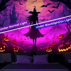 Halloween Decorations Witch Blacklight Tapestry UV Reactive Glow in the Dark Misty Hanging Tapestry Wall Art Mural for Living Room Bedroom Bats Skeleton Pumpkin
