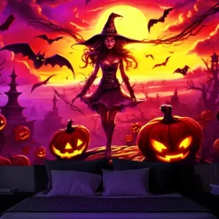 Halloween Decorations Witch Blacklight Tapestry UV Reactive Glow in the Dark Misty Hanging Tapestry Wall Art Mural for Living Room Bedroom Bats Skeleton Pumpkin