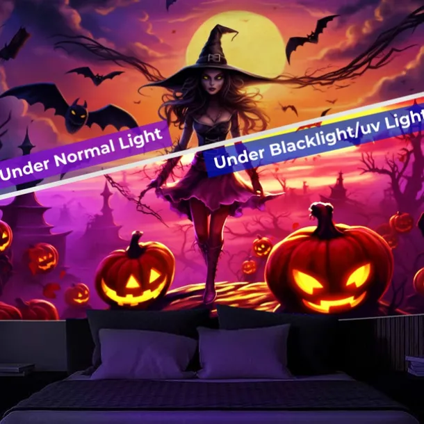 Halloween Decorations Witch Blacklight Tapestry UV Reactive Glow in the Dark Misty Hanging Tapestry Wall Art Mural for Living Room Bedroom Bats Skeleton Pumpkin