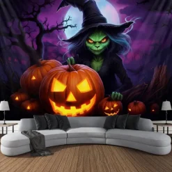 Halloween Decorations Witch Blacklight Tapestry UV Reactive Glow in the Dark Misty Hanging Tapestry Wall Art Mural for Living Room Bedroom Bats Skeleton Pumpkin