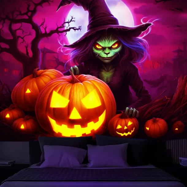 Halloween Decorations Witch Blacklight Tapestry UV Reactive Glow in the Dark Misty Hanging Tapestry Wall Art Mural for Living Room Bedroom Bats Skeleton Pumpkin