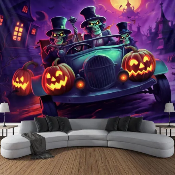 Halloween Decorations Witch Blacklight Tapestry UV Reactive Glow in the Dark Misty Hanging Tapestry Wall Art Mural for Living Room Bedroom Bats Skeleton Pumpkin