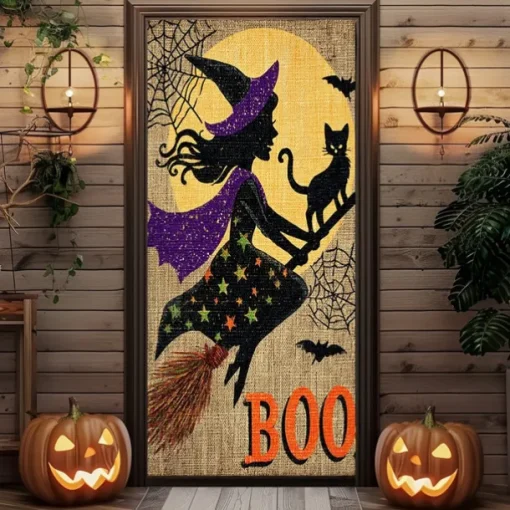 Halloween Door Cover – Flying Witch Silhouette with BOO Sign, Haunted House Entrance Banner, Scary Outdoor & Indoor Decoration for 2025 Halloween Bedroom, Living Room, Bathroom