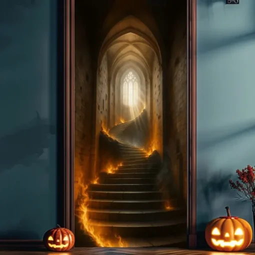 Halloween Door Cover – Glowing Golden Corridor to Haunted House, Spooky Entrance Banner, Creepy Outdoor 2025 Halloween Decoration for Bedroom, Living Room, Bathroom