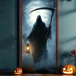 Halloween Door Cover – Grim Reaper with Lantern at Night, Haunted House Entrance Banner, Scary Outdoor 2025 Halloween Decoration for Bedroom, Living Room, Bathroom