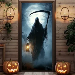 Halloween Door Cover – Grim Reaper with Lantern at Night, Haunted House Entrance Banner, Scary Outdoor 2025 Halloween Decoration for Bedroom, Living Room, Bathroom