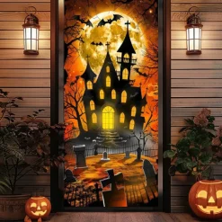 Halloween Door Cover – Haunted Castle with Glowing Windows, Spooky Night Sky Entrance Banner, Outdoor 2025 Halloween Decoration for Bedroom, Living Room, Bathroom