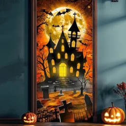 Halloween Door Cover – Haunted Castle with Glowing Windows, Spooky Night Sky Entrance Banner, Outdoor 2025 Halloween Decoration for Bedroom, Living Room, Bathroom