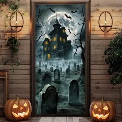 Halloween Door Cover – Haunted Castle with Full Moon, Graveyard Entrance Banner, Scary Outdoor & Indoor Decoration for 2025 Halloween Bedroom, Living Room, Bathroom