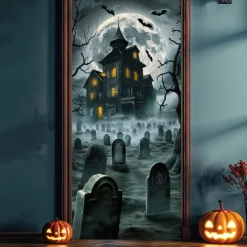 Halloween Door Cover – Haunted Castle with Full Moon, Graveyard Entrance Banner, Scary Outdoor & Indoor Decoration for 2025 Halloween Bedroom, Living Room, Bathroom