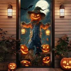 Halloween Door Cover – Pumpkin Head Scarecrow Under Full Moon, Haunted House Entrance Banner, Creepy Outdoor 2025 Halloween Decoration for Bedroom, Living Room, Bathroom