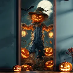 Halloween Door Cover – Pumpkin Head Scarecrow Under Full Moon, Haunted House Entrance Banner, Creepy Outdoor 2025 Halloween Decoration for Bedroom, Living Room, Bathroom