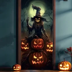 Halloween Door Cover – Pumpkin Head Scarecrow Under Full Moon, Haunted House Entrance Banner, Creepy Outdoor 2025 Halloween Decoration for Bedroom, Living Room, Bathroom