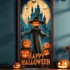 Halloween Door Cover – Pumpkin Head Scarecrow Under Full Moon, Haunted House Entrance Banner, Creepy Outdoor 2025 Halloween Decoration for Bedroom, Living Room, Bathroom