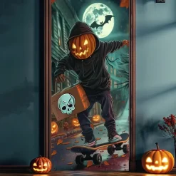 Halloween Door Cover – Pumpkin Head Skeleton under Full Moon, Haunted House Entrance Banner, Scary Outdoor & Indoor Decoration for 2025 Halloween Bedroom, Living Room, Bathroom