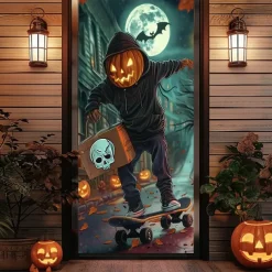 Halloween Door Cover – Pumpkin Head Skeleton under Full Moon, Haunted House Entrance Banner, Scary Outdoor & Indoor Decoration for 2025 Halloween Bedroom, Living Room, Bathroom