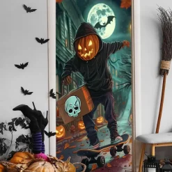 Halloween Door Cover – Pumpkin Head Skeleton under Full Moon, Haunted House Entrance Banner, Scary Outdoor & Indoor Decoration for 2025 Halloween Bedroom, Living Room, Bathroom