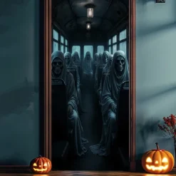 Halloween Door Cover – Shadowy Ghostly Figure in Fog, Haunted House Entrance Banner, Creepy Outdoor 2025 Halloween Decoration for Bedroom, Living Room, Bathroom