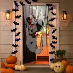 Halloween Door Cover Front Door Curtain Decoration, Halloween Broomstick Bats Flying Jagged Bottom Display