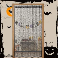 Halloween Door Cover Front Door Curtain Decoration, Halloween Broomstick Bats Flying Jagged Bottom Display