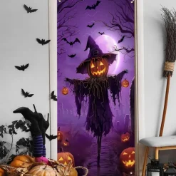 Halloween Door Cover Neon Pumpkin Face through Window Banner, Glowing Blacklight Entrance Decoration for Outdoor & Indoor 2025 Halloween Bedroom, Living Room, Bathroom