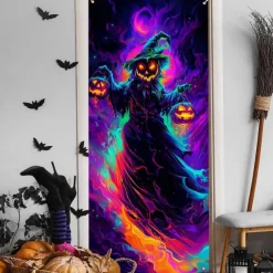Halloween Door Cover Neon Pumpkin Face through Window Banner, Glowing Blacklight Entrance Decoration for Outdoor & Indoor 2025 Halloween Bedroom, Living Room, Bathroom