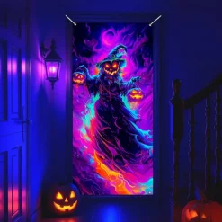 Halloween Door Cover Neon Pumpkin Face through Window Banner, Glowing Blacklight Entrance Decoration for Outdoor & Indoor 2025 Halloween Bedroom, Living Room, Bathroom