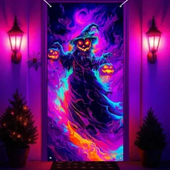 Halloween Door Cover Neon Pumpkin Face through Window Banner, Glowing Blacklight Entrance Decoration for Outdoor & Indoor 2025 Halloween Bedroom, Living Room, Bathroom