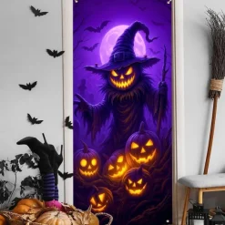 Halloween Door Cover Neon Pumpkin Face through Window Banner, Glowing Blacklight Entrance Decoration for Outdoor & Indoor 2025 Halloween Bedroom, Living Room, Bathroom