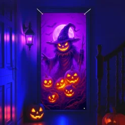 Halloween Door Cover Neon Pumpkin Face through Window Banner, Glowing Blacklight Entrance Decoration for Outdoor & Indoor 2025 Halloween Bedroom, Living Room, Bathroom