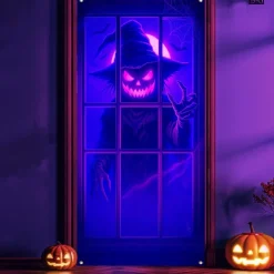 Halloween Door Cover Neon Pumpkin Face through Window Banner, Glowing Blacklight Entrance Decoration for Outdoor & Indoor 2025 Halloween Bedroom, Living Room, Bathroom