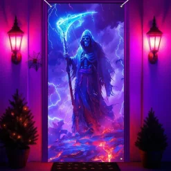 Halloween Door Cover Neon Grim Reaper with Lantern Banner, Glowing Blacklight Entrance Decoration for Outdoor & Indoor 2025 Halloween Bedroom, Living Room, Bathroom