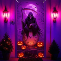 Halloween Door Cover Neon Grim Reaper with Lantern Banner, Glowing Blacklight Entrance Decoration for Outdoor & Indoor 2025 Halloween Bedroom, Living Room, Bathroom
