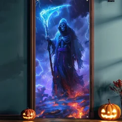Halloween Door Cover Neon Grim Reaper with Lantern Banner, Glowing Blacklight Entrance Decoration for Outdoor & Indoor 2025 Halloween Bedroom, Living Room, Bathroom