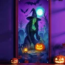 Halloween Door Cover Neon Witch over Cauldron Banner, Glowing Blacklight Entrance Decoration for Outdoor & Indoor 2025 Halloween Bedroom, Living Room, Bathroom