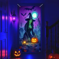 Halloween Door Cover Neon Witch over Cauldron Banner, Glowing Blacklight Entrance Decoration for Outdoor & Indoor 2025 Halloween Bedroom, Living Room, Bathroom