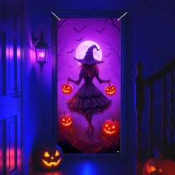 Halloween Door Cover Neon Witch over Cauldron Banner, Glowing Blacklight Entrance Decoration for Outdoor & Indoor 2025 Halloween Bedroom, Living Room, Bathroom