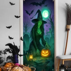Halloween Door Cover Neon Witch over Cauldron Banner, Glowing Blacklight Entrance Decoration for Outdoor & Indoor 2025 Halloween Bedroom, Living Room, Bathroom