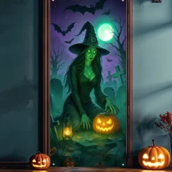 Halloween Door Cover Neon Witch over Cauldron Banner, Glowing Blacklight Entrance Decoration for Outdoor & Indoor 2025 Halloween Bedroom, Living Room, Bathroom