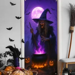 Halloween Door Cover Neon Witch over Cauldron Banner, Glowing Blacklight Entrance Decoration for Outdoor & Indoor 2025 Halloween Bedroom, Living Room, Bathroom